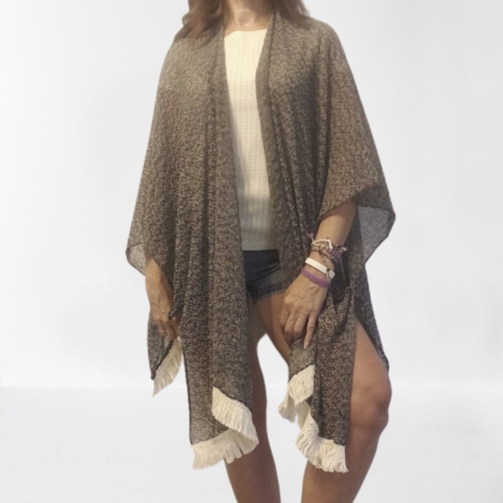 BCBG Black and Ivory Fringed Knit Kimono